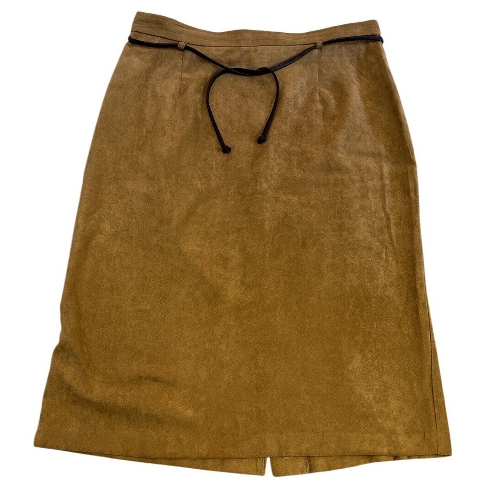 Lindor Vintage Suede Skirt Tan Brown Pencil Midi Length Belted‎ Women's Size 14